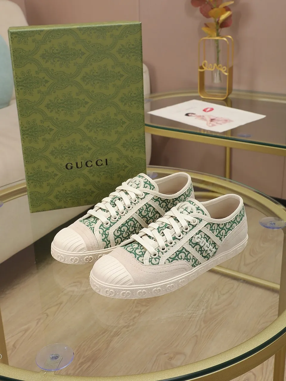 👟👟Ex-factory price 420👟👟 GUCCI~24 The latest double G embroidered low-cut lace-up fashion sneakers, originally developed, the fabric is exclusive double G fabric, the upper is perfectly matched with special craftsmanship, the lining is sheepskin, rubber outsole, size 35 to 40